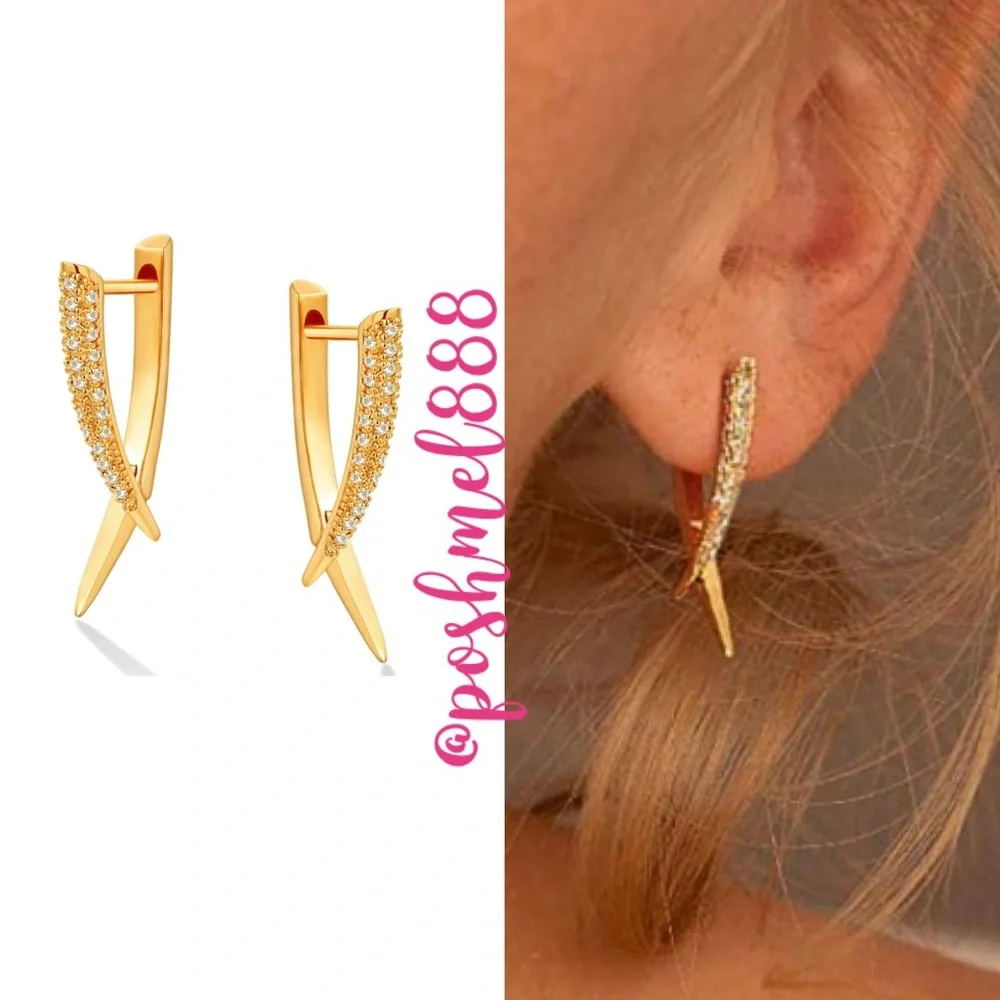:: [GOLD] Delicate Pavé Hoops Dagger Spike Huggie Earrings - Picture 2 of 6